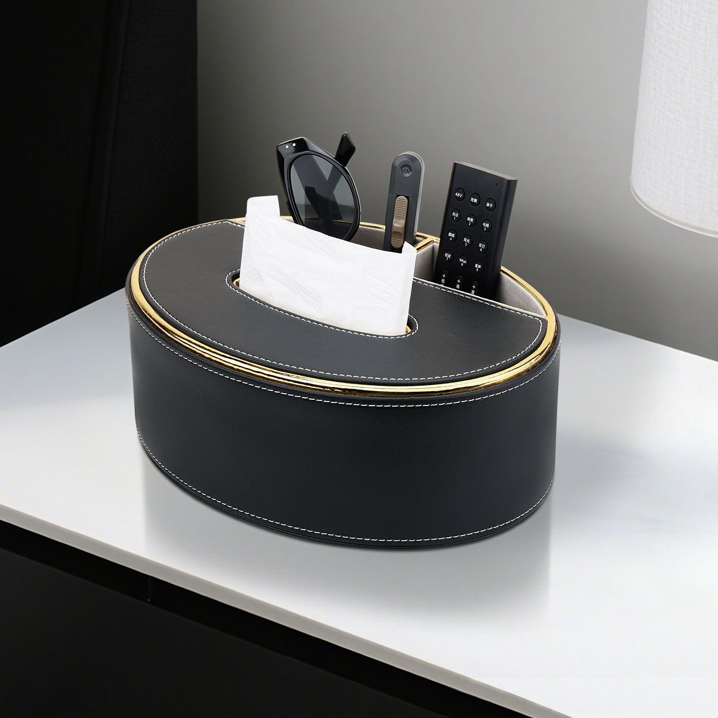 Oval Leather Tissue Box with Storage Compartment - Detail View 6