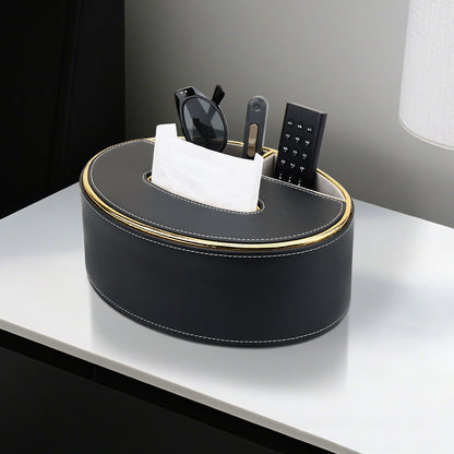 Oval Leather Tissue Box with Storage Compartment - Detail View 6