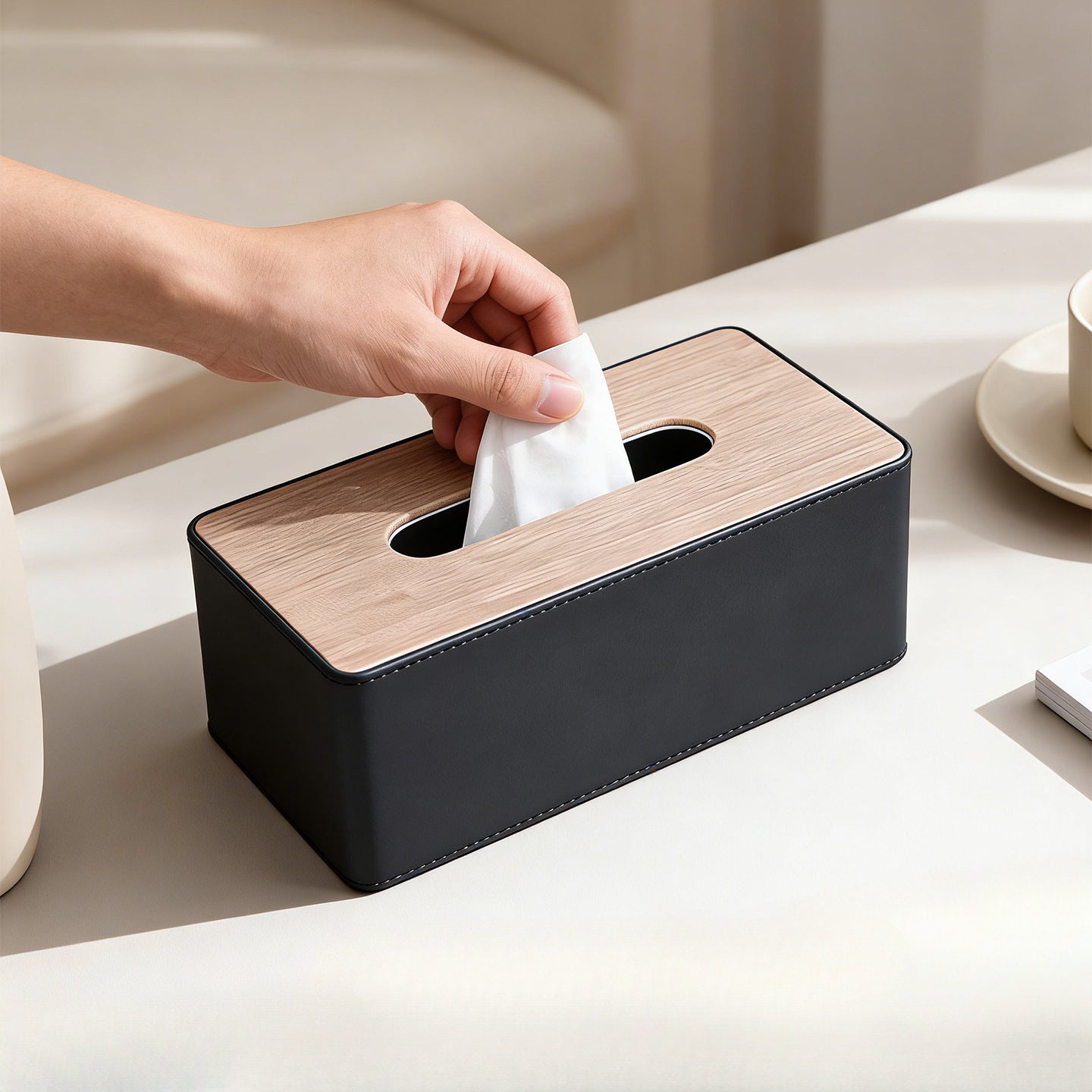 Wood Grain Leather Tissue Box Cover - Black Wood Grain Medium - square tissue box