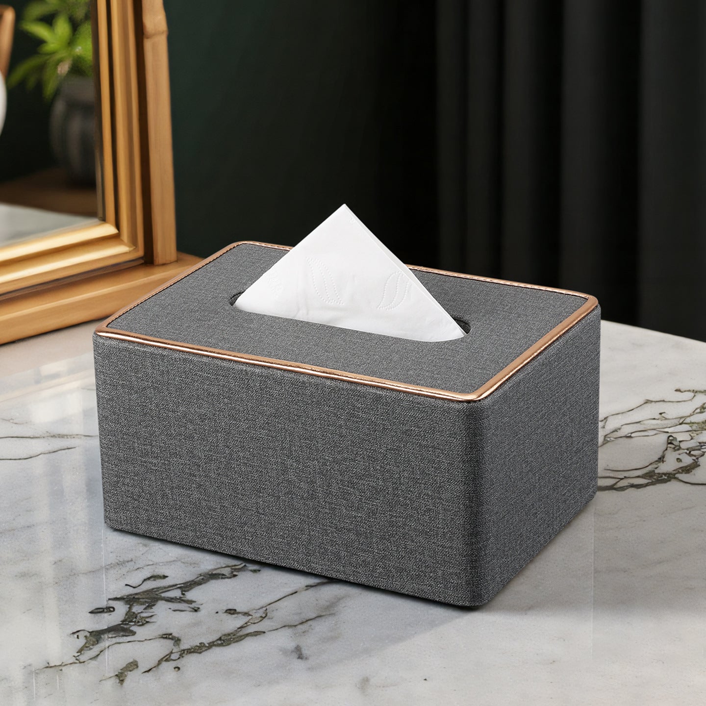 Rose Gold Trim Linen Tissue Box Cover - Linen Gray - 19*13.5*9.5cm