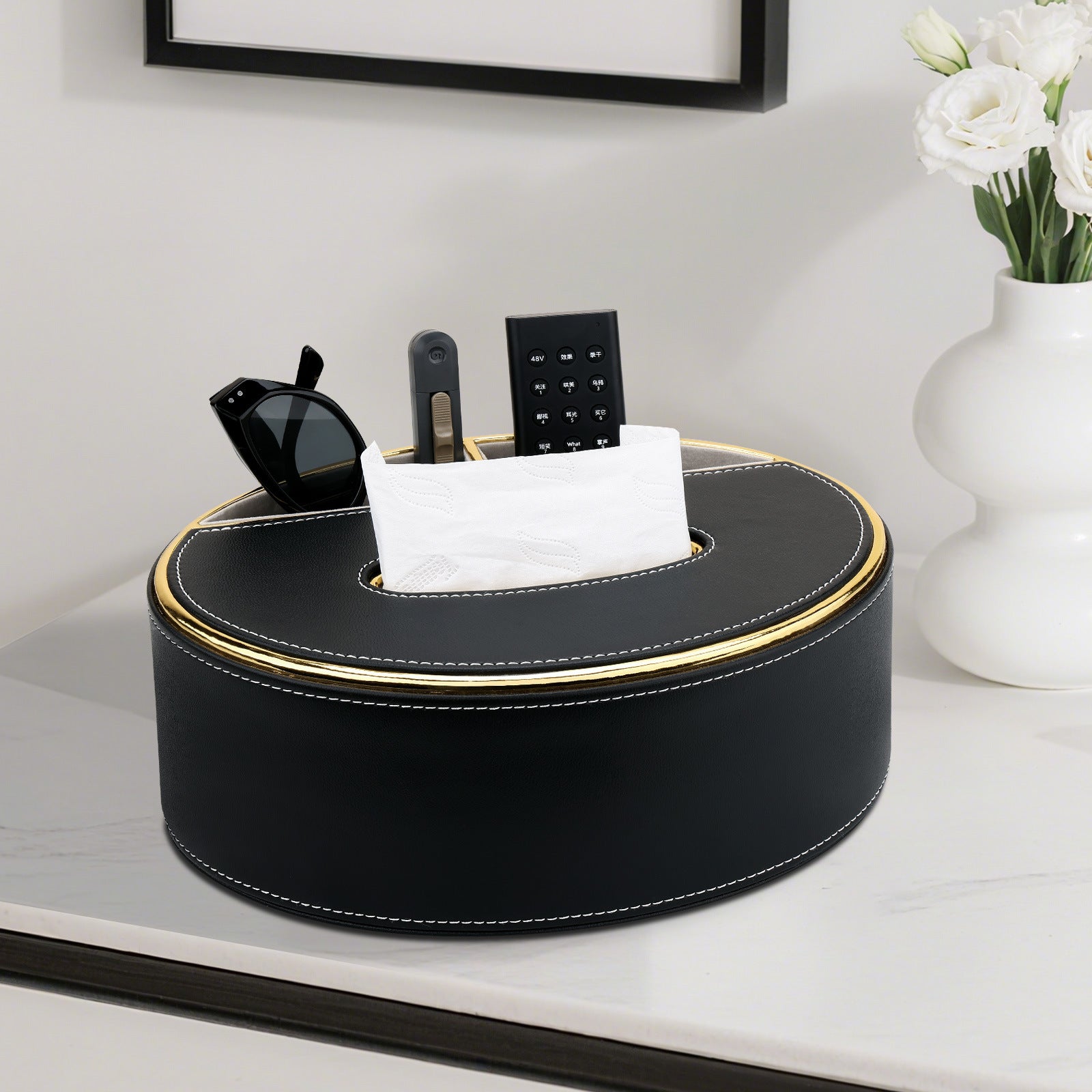 Oval Leather Tissue Box with Storage Compartment - Detail View 1