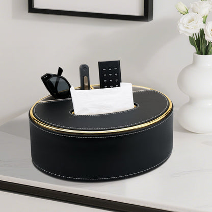 Oval Leather Tissue Box with Storage Compartment - Detail View 1