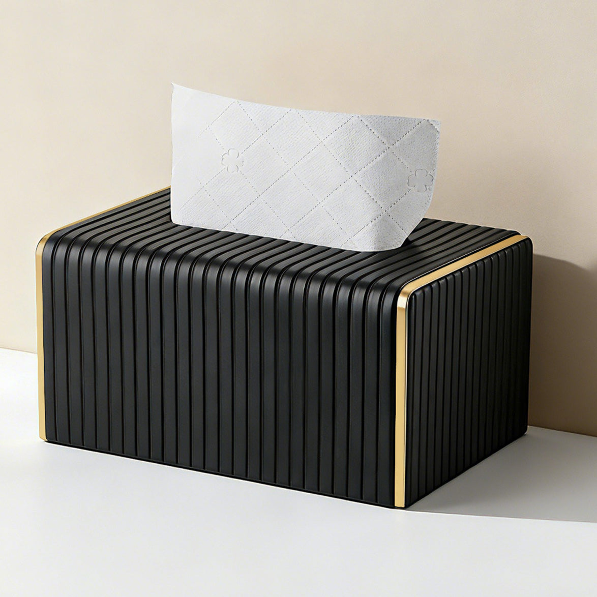 Gold Trim Striped Leather Tissue Box Cover - Detail View 1