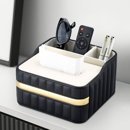Gold Trim Leather Tissue Box Storage Organizer - Cream White