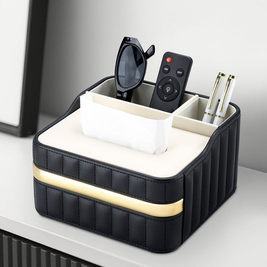 Gold Trim Leather Tissue Box Storage Organizer - Cream White