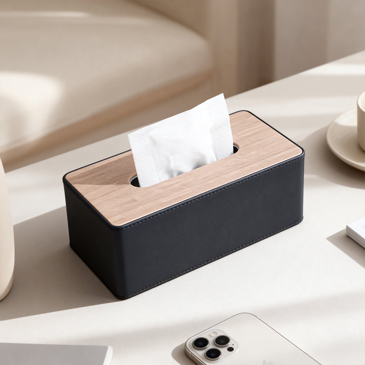 Wood Grain Leather Tissue Box Cover - Clay Gray Medium - square tissue box