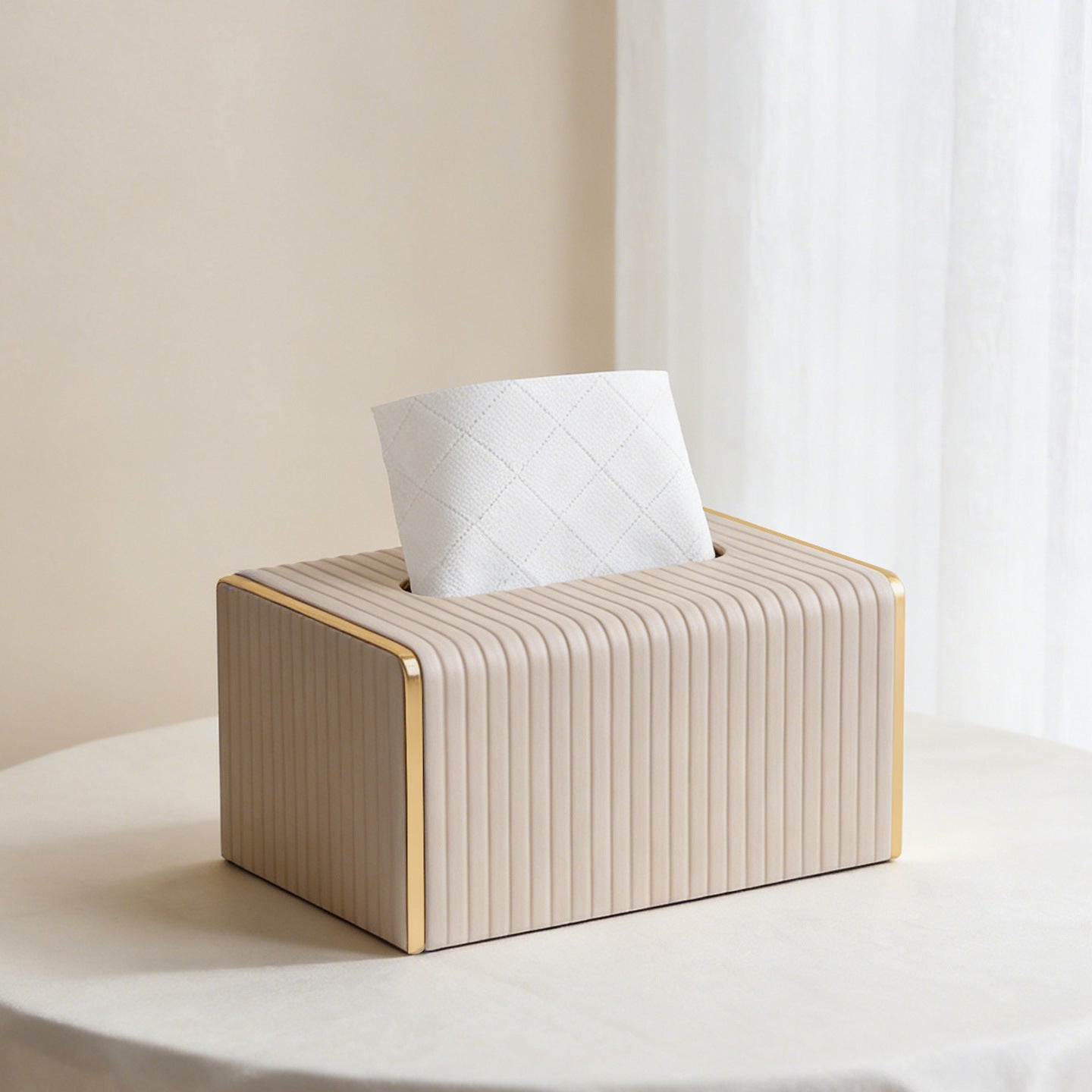 Gold Trim Striped Leather Tissue Box Cover - Black Medium - Rectangular tissue box
