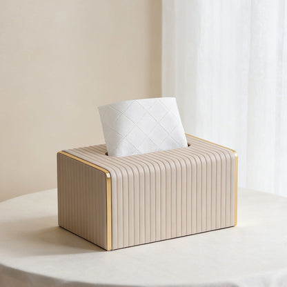 Gold Trim Striped Leather Tissue Box Cover - Black Medium - Rectangular tissue box