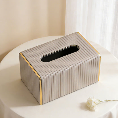 Gold Trim Striped Leather Tissue Box Cover - Cream White Large - Rectangular tissue box