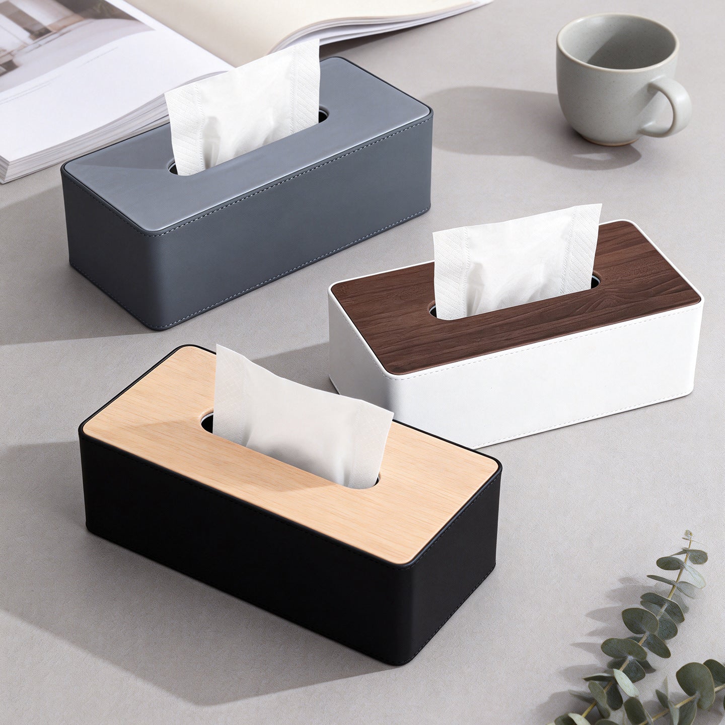 Wood Grain Leather Tissue Box Cover - White Wood Grain Medium - square tissue box