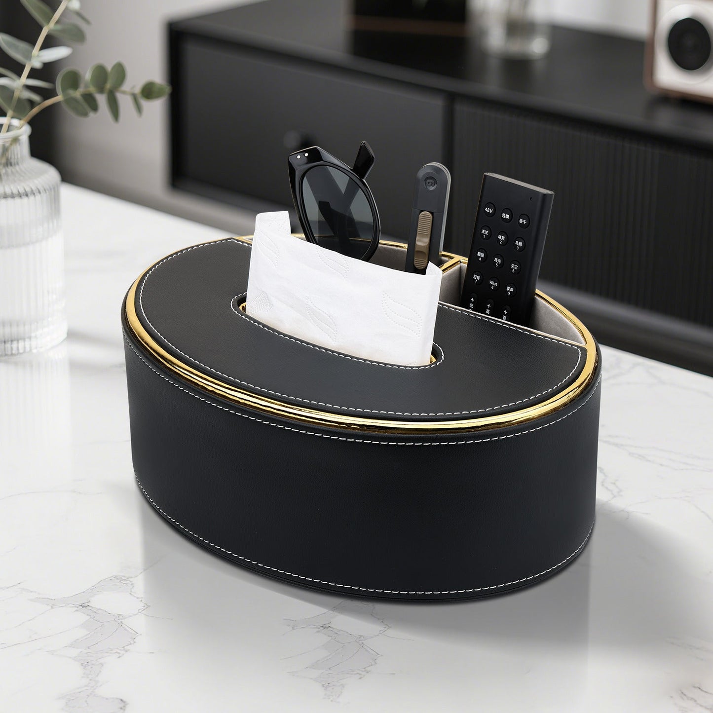 Oval Leather Tissue Box with Storage Compartment - Oval Leather Tissue Box