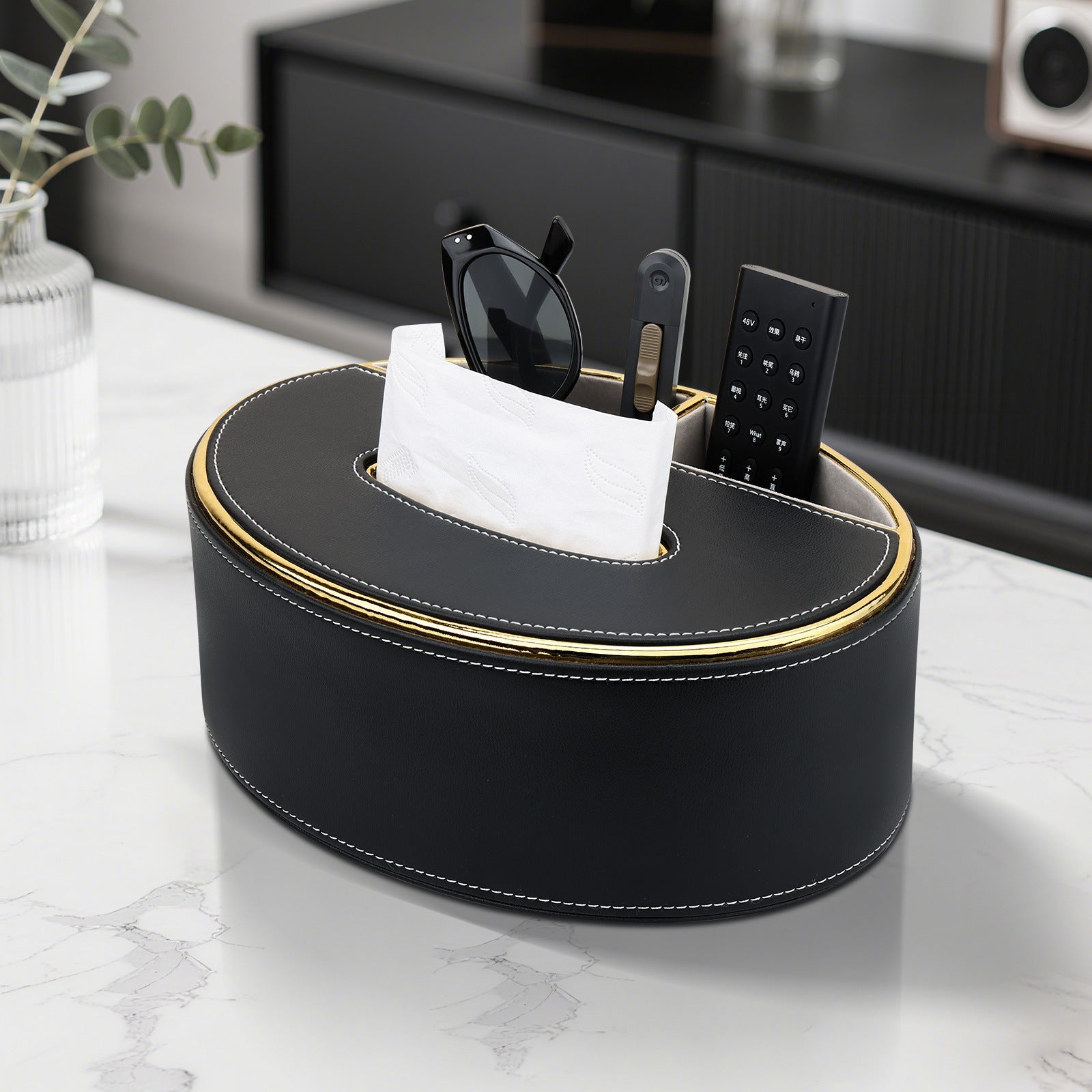 Oval Leather Tissue Box with Storage Compartment - Oval Leather Tissue Box