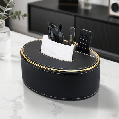 Oval Leather Tissue Box with Storage Compartment - Oval Leather Tissue Box