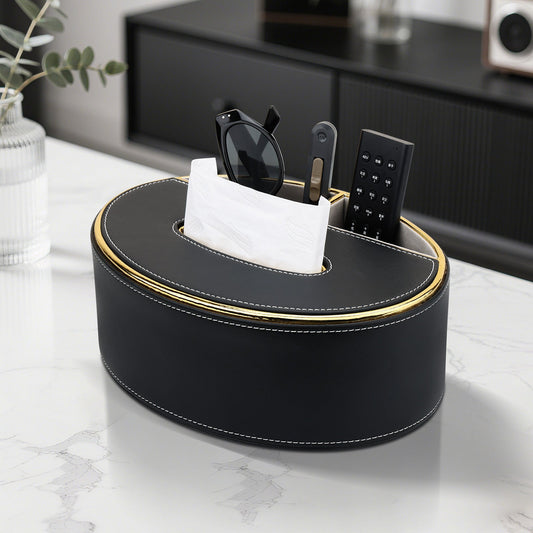 Oval Leather Tissue Box with Storage Compartment - Oval Leather Tissue Box