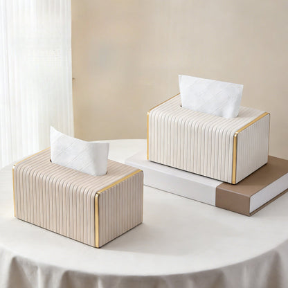 Gold Trim Striped Leather Tissue Box Cover - Cream White Medium - Rectangular tissue box