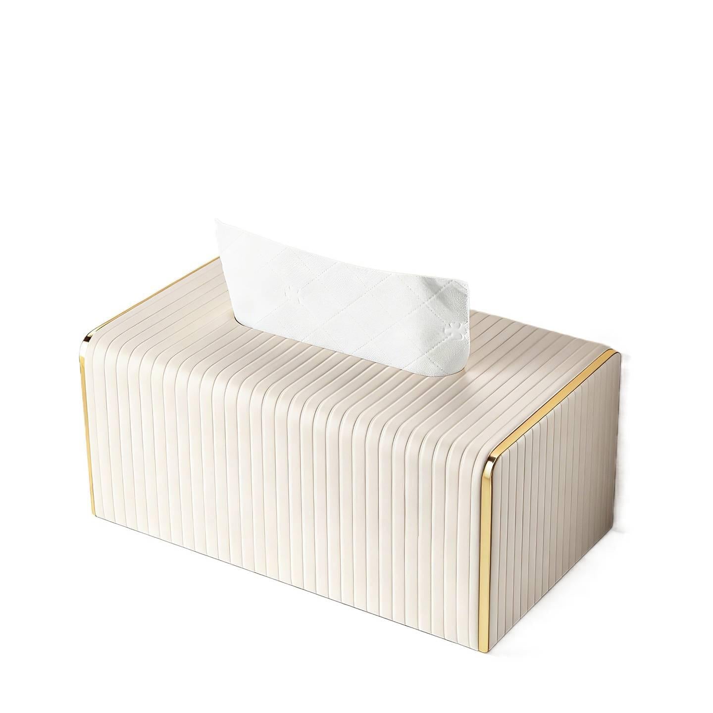 Gold Trim Striped Leather Tissue Box Cover - Detail View 3