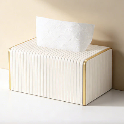 Gold Trim Striped Leather Tissue Box Cover - Dark Gray Large - Rectangular tissue box