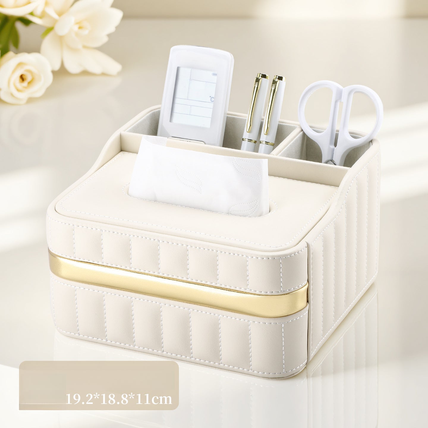 Gold Trim Leather Tissue Box Storage Organizer - Detail View 4