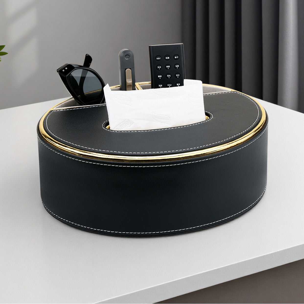 Oval Leather Tissue Box with Storage Compartment - Detail View 7