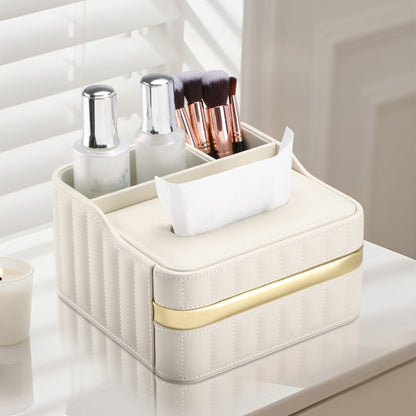 Gold Trim Leather Tissue Box Storage Organizer - Detail View 2