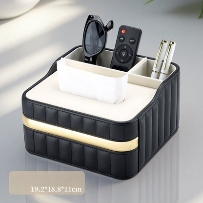 Gold Trim Leather Tissue Box Storage Organizer - Detail View 5