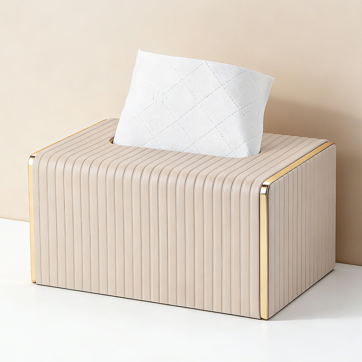 Gold Trim Striped Leather Tissue Box Cover - Light Gray Large - Rectangular tissue box