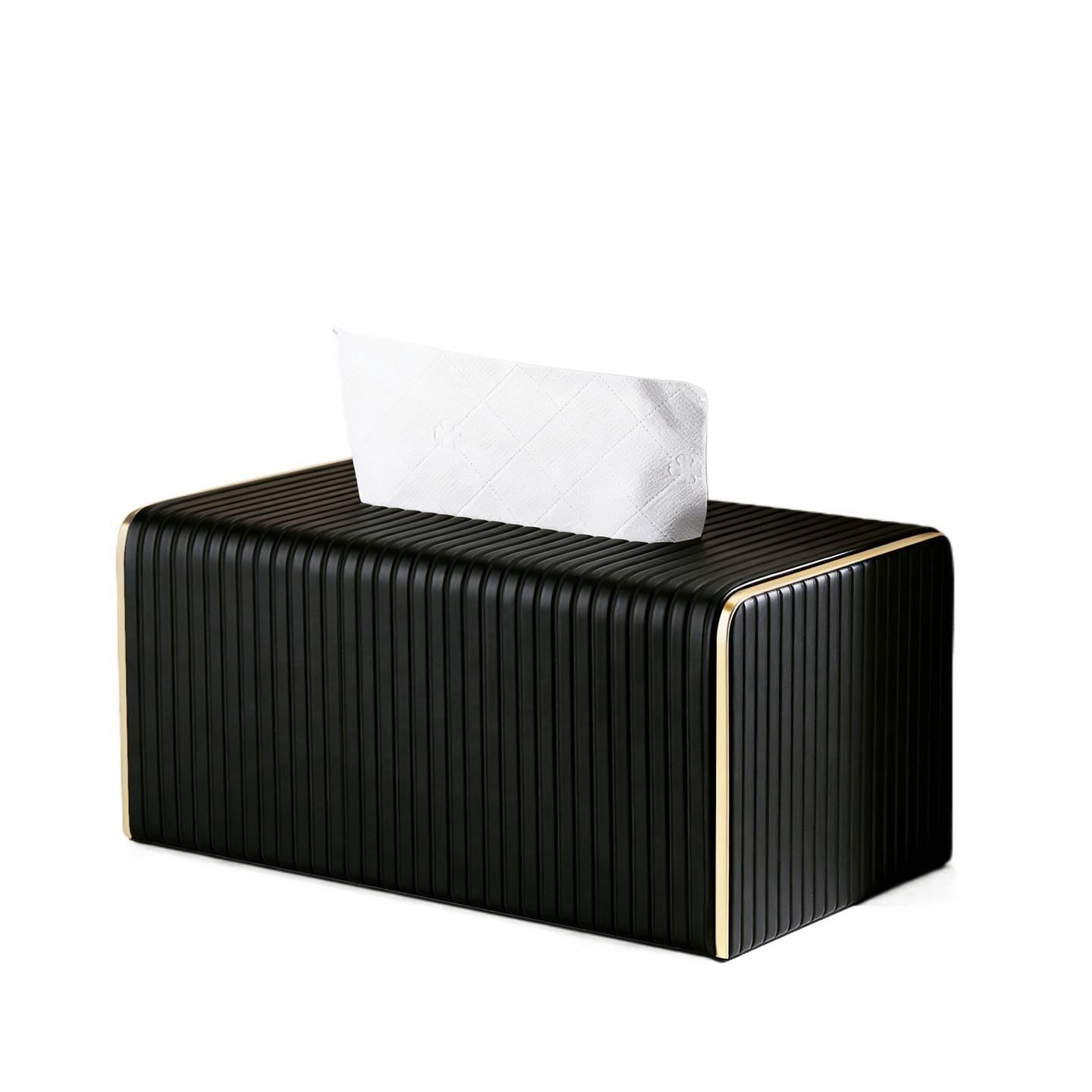 Gold Trim Striped Leather Tissue Box Cover - Latte Medium - Rectangular tissue box