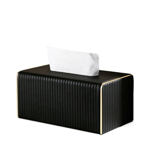Gold Trim Striped Leather Tissue Box Cover - Latte Medium - Rectangular tissue box
