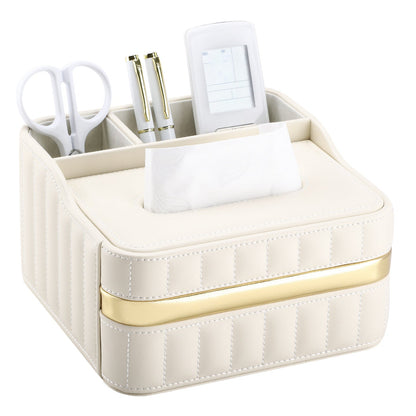 Gold Trim Leather Tissue Box Storage Organizer - Black White