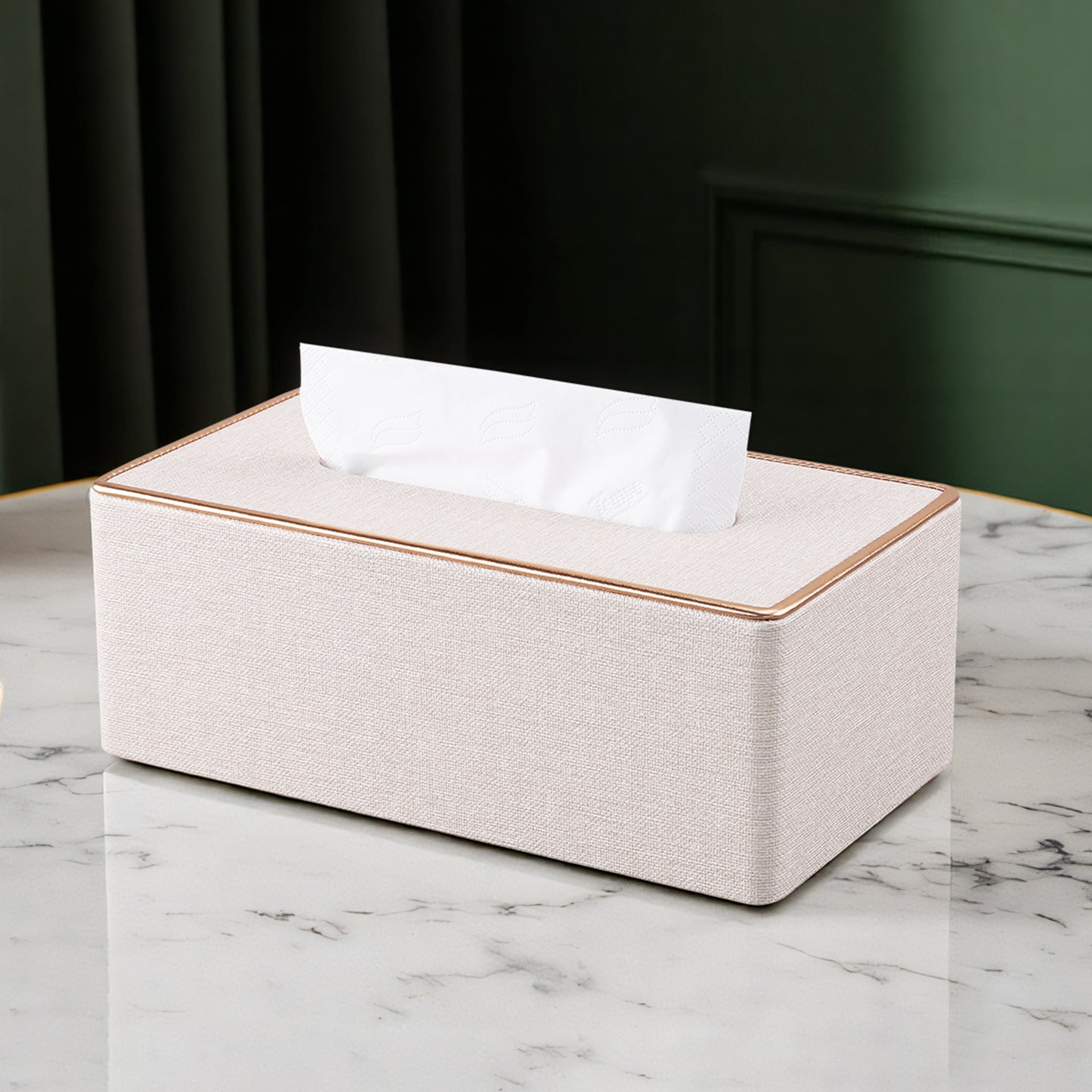 Rose Gold Trim Linen Tissue Box Cover - Linen Beige - 25*14*9.5cm