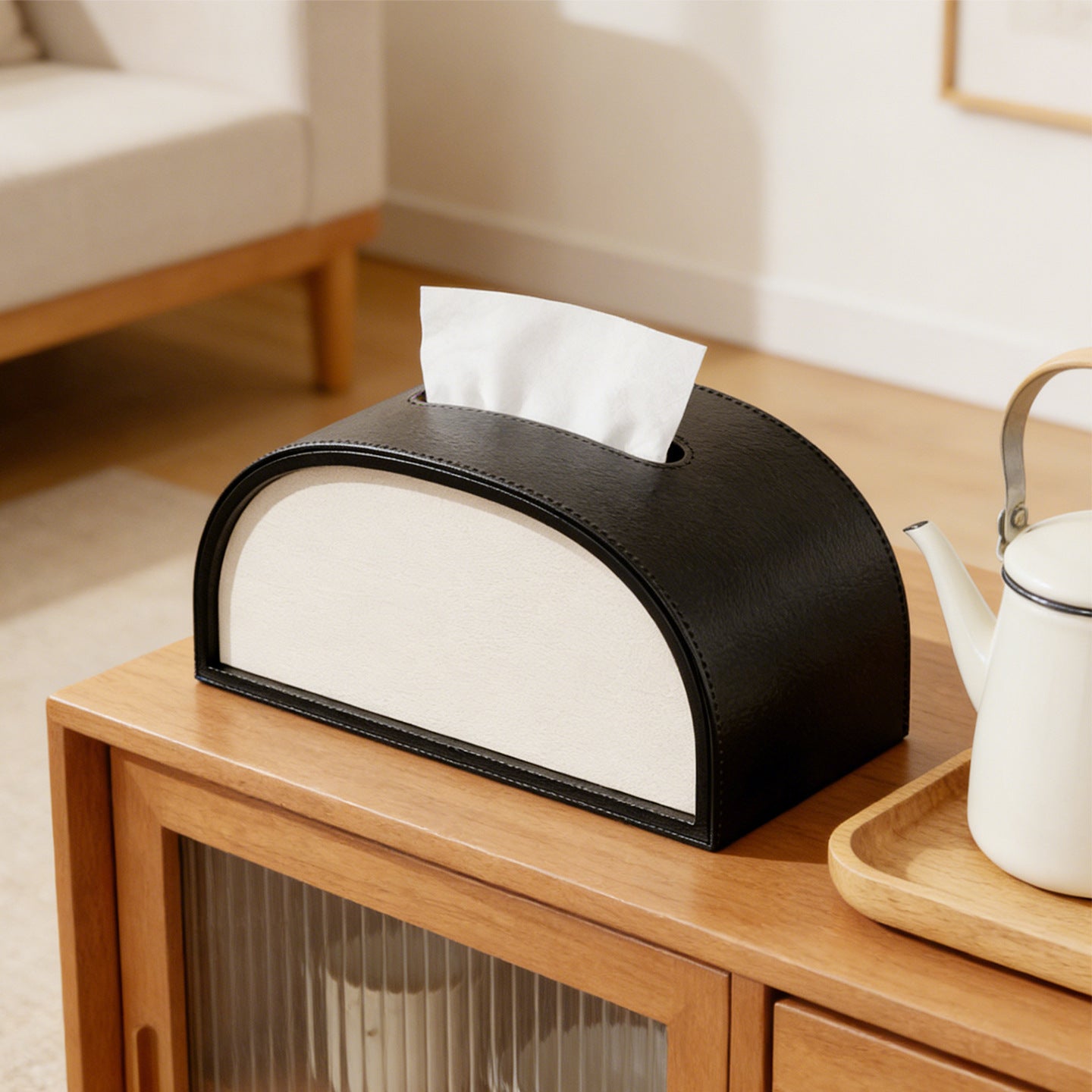 Semicircle Leather Tissue Box Cover - Black