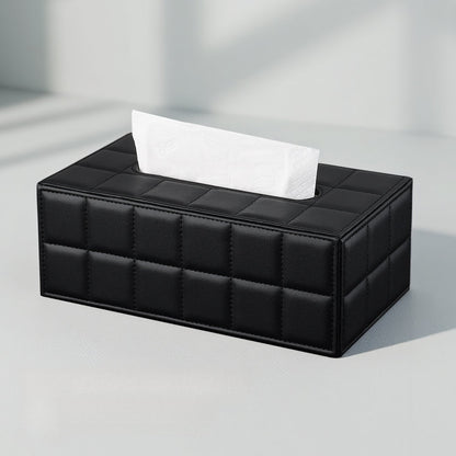 Leather Tissue Box Cover - Black Quilted