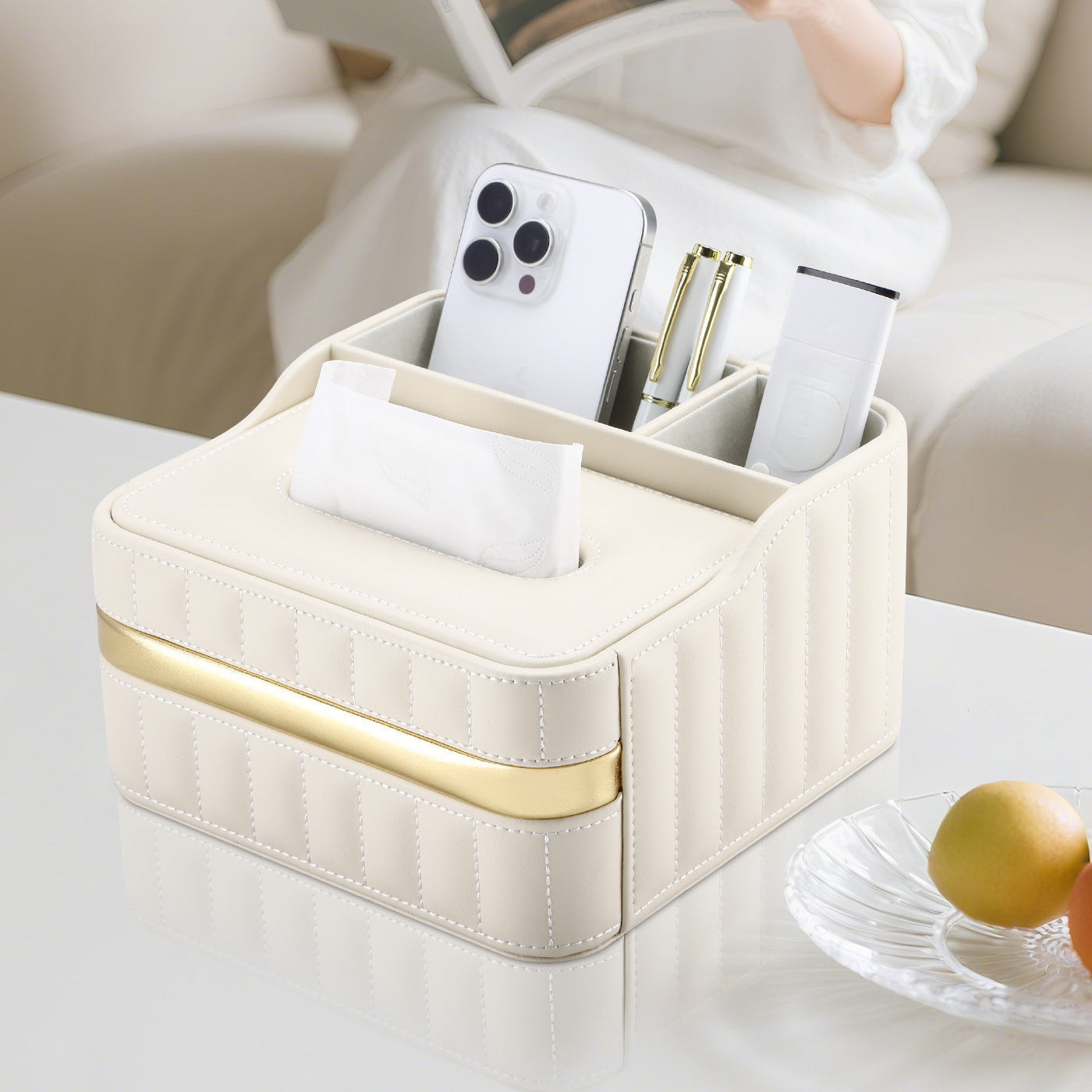 Gold Trim Leather Tissue Box Storage Organizer - Detail View 1